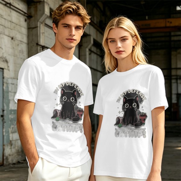 Olive t-shirt with black cat 'In My Defense I Was Under Catnip' print