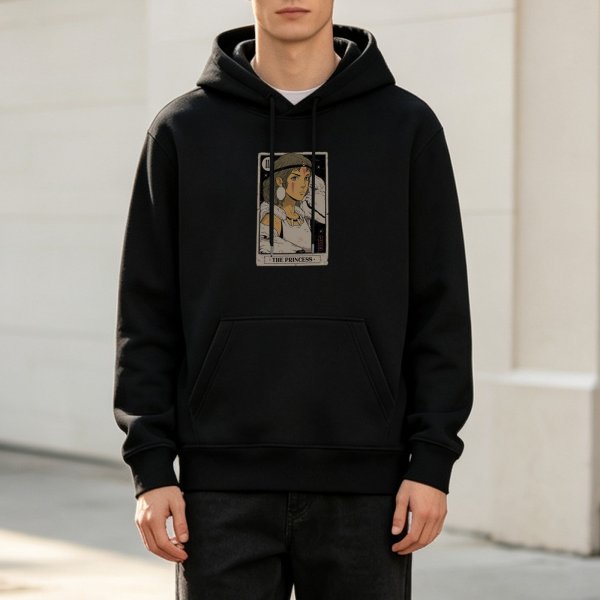 Black hoodie with The Princess tarot-style anime graphic print