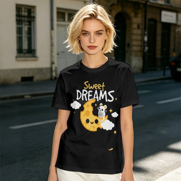 Olive t-shirt with sweet dreams cheese moon and mouse graphic