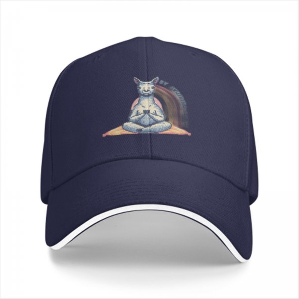 Black Baseball Cap With Meditating Llama Rainbow Print