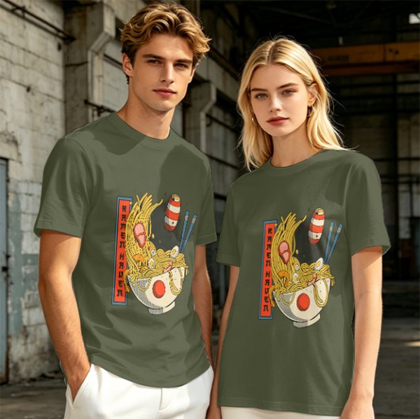 Olive T-Shirt With Ramen Bowl Graphic and Vertical Text Print