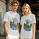 Olive T-shirt with Cartoon Boys Balancing on Log Over Stream