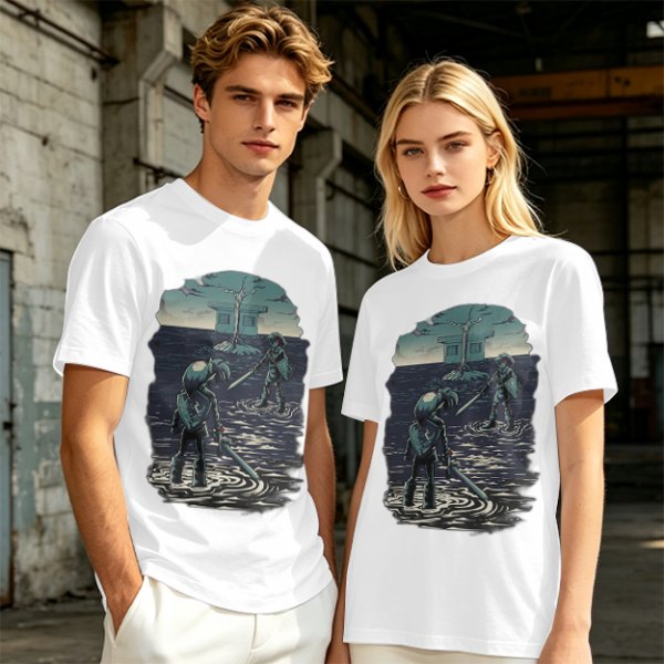 Olive T-shirt with two warriors standing in water holding swords