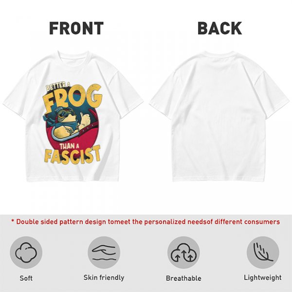 Olive graphic t-shirt with 'Better a Frog Than a Fascist' pilot frog design