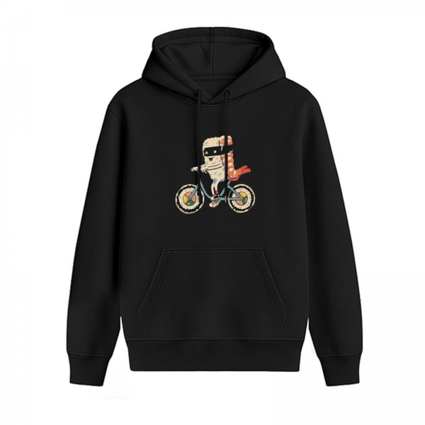 Black hoodie with sushi character riding a bicycle graphic