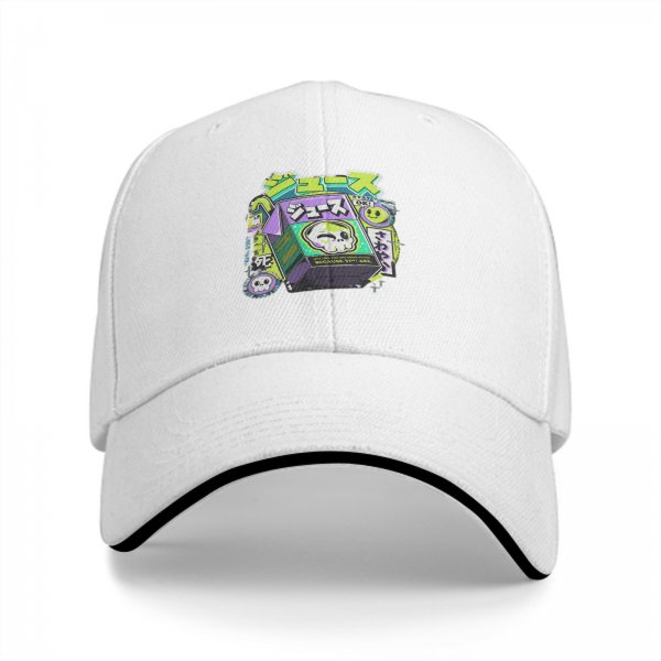 Black baseball cap with neon skull juice box graphic