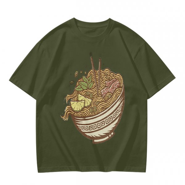 Olive Green T-Shirt With Illustrated Noodle Bowl Print