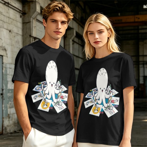 Olive T-Shirt With Cute Octopus Drawing Artwork Print
