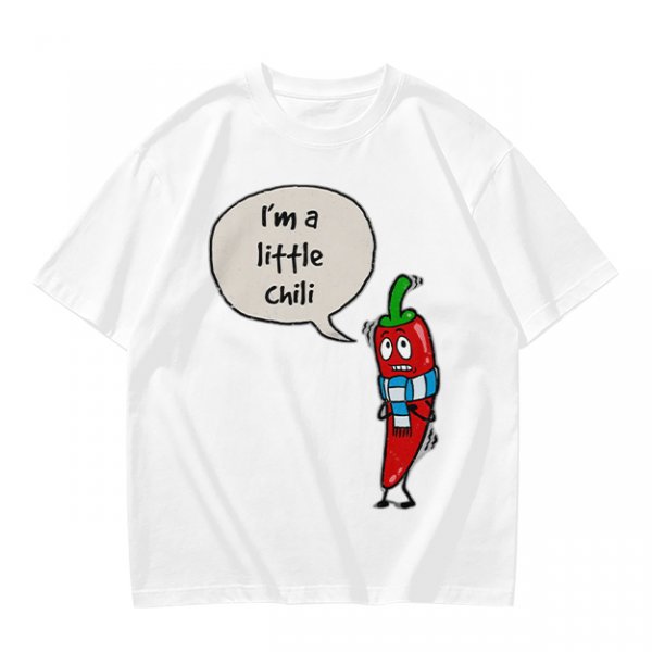 Olive green t-shirt with funny 'I'm a little chili' cartoon chili print