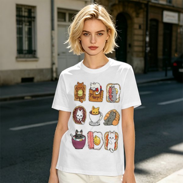 Olive T-Shirt With Cute Breakfast Cat Graphic Print