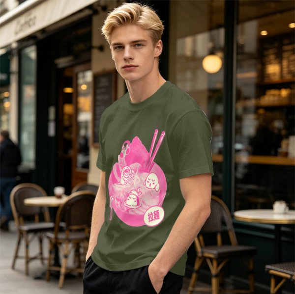 Oversized dark green t-shirt with cute pink ramen bowl graphic