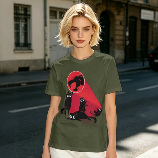 Olive T-Shirt With Black Cats And Red Panther Signal Graphic