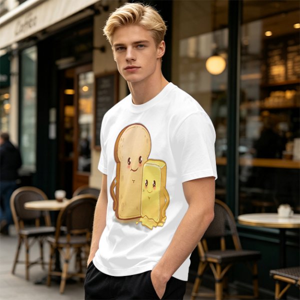 Olive T-Shirt With Cute Cartoon Bread And Butter Graphic