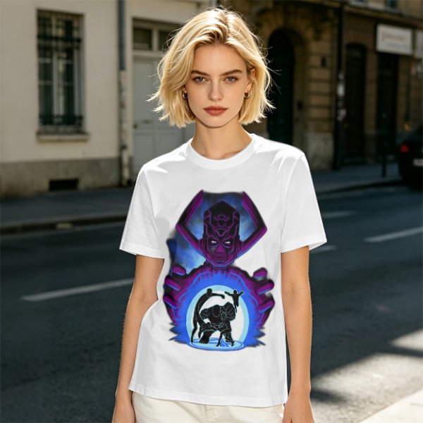Olive T-Shirt Featuring Galactus Holding Silhouetted Superheroes