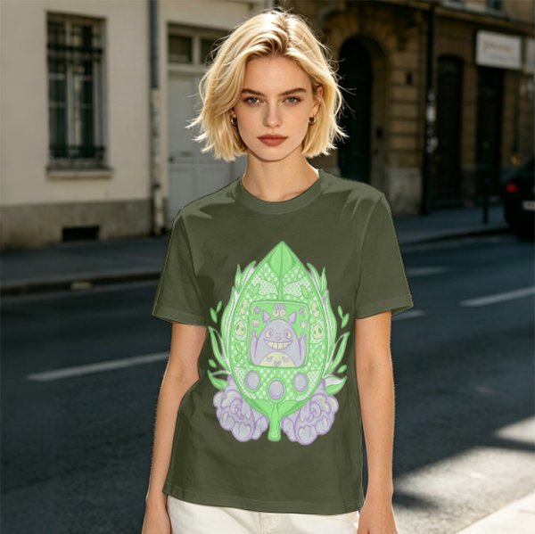 Olive Green T-Shirt With Leaf Shaped Tamagotchi Totoro Print