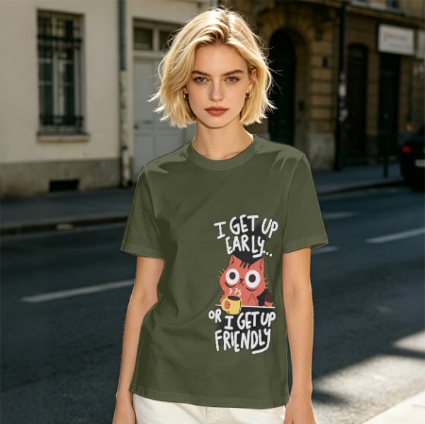 Olive t-shirt with funny cat coffee early morning quote