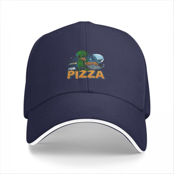 Black baseball cap with alien eating pizza and 'FOR PIZZA' text