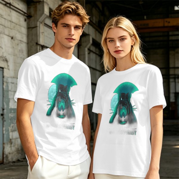Olive T-Shirt With Glowing Teal Mushroom Creature And Moon Print