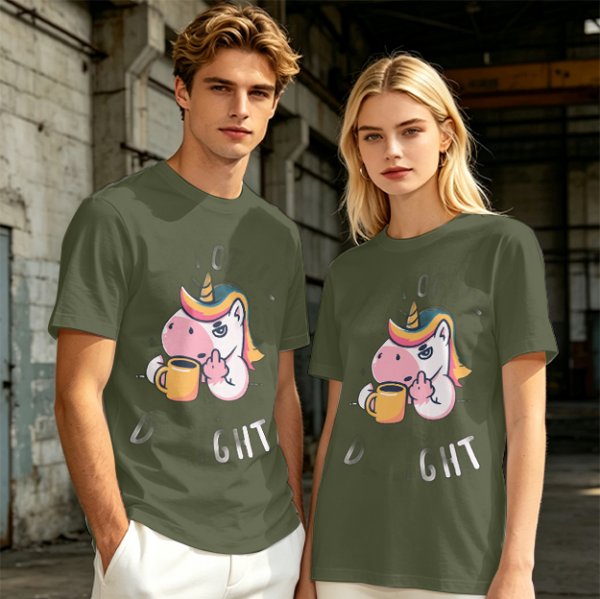 Oversized Olive T-Shirt With Sassy Unicorn Holding Coffee Print
