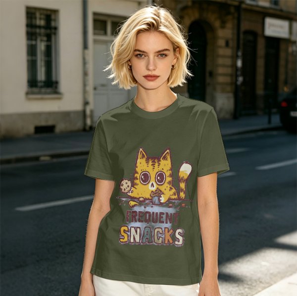 Olive T-Shirt With Cat Eating Snacks Frequent Snacks Print