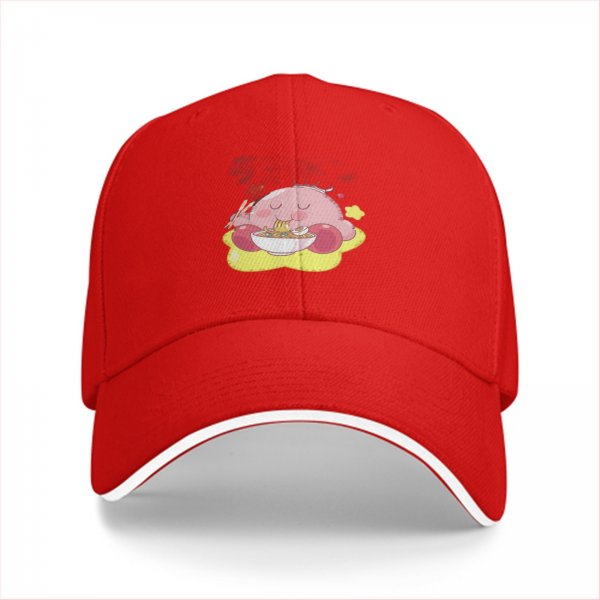 Black baseball cap featuring Kirby eating ramen