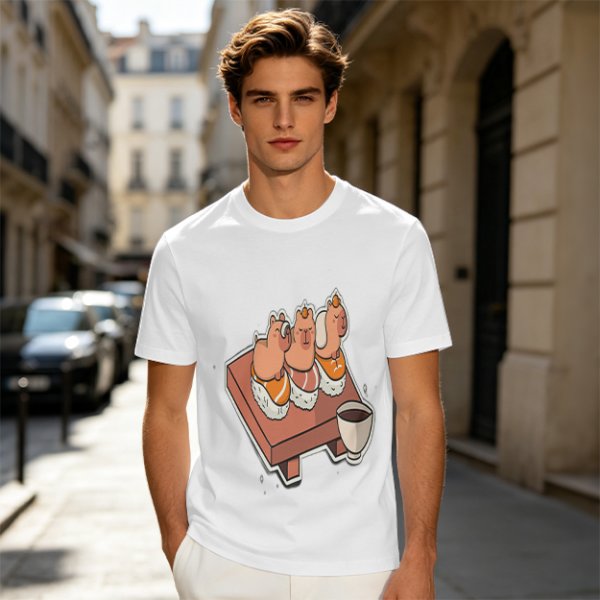 Olive green t-shirt with capybara sushi print design