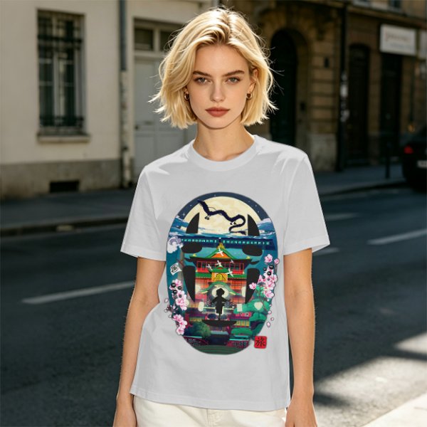 Spirited Away Bathhouse Graphic Tee with No Face and Dragon Art