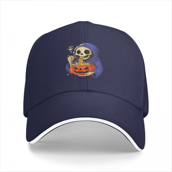 Black baseball cap with grim reaper eating pumpkin ramen graphic