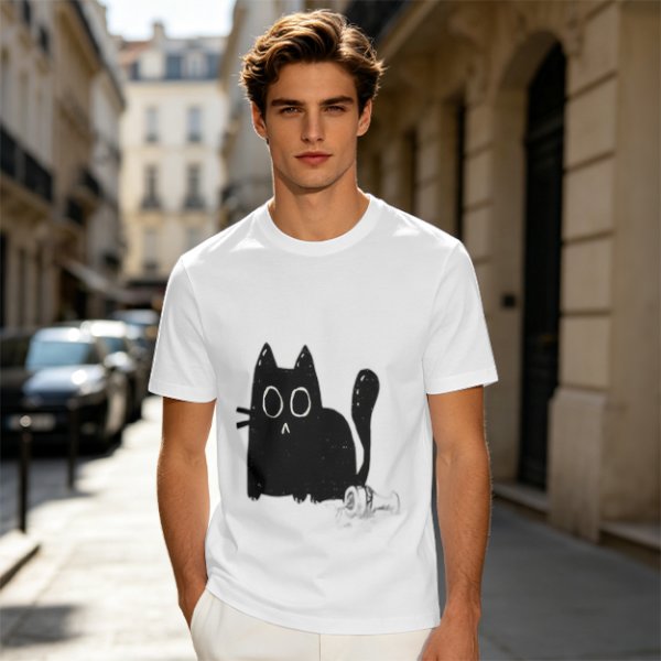 Oversized Army Green T-Shirt With Surprised Black Cat Graphic