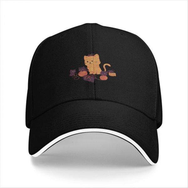 Black Baseball Cap With Cute Kittens And Yarn Balls Print