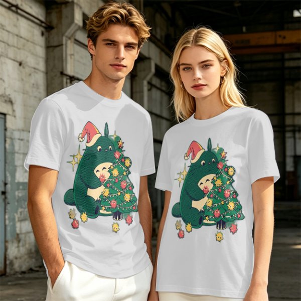 Olive Green T-Shirt With Christmas Totoro Decorating Tree Print