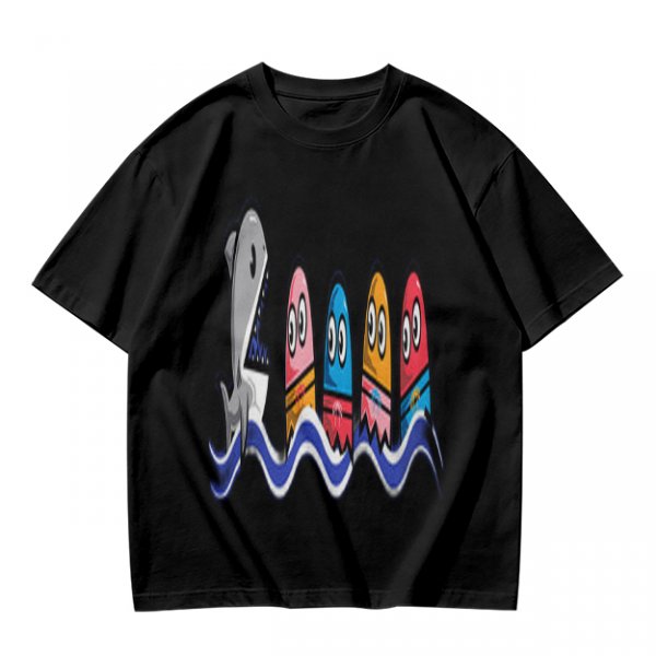 Olive T-Shirt With Shark And Colorful Ghost Creatures Print
