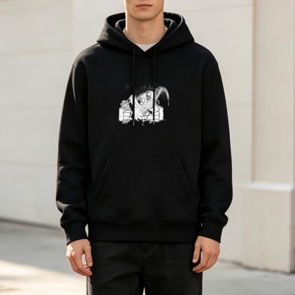 Black Hoodie with Grim Reaper Lounging on Couch Graphic