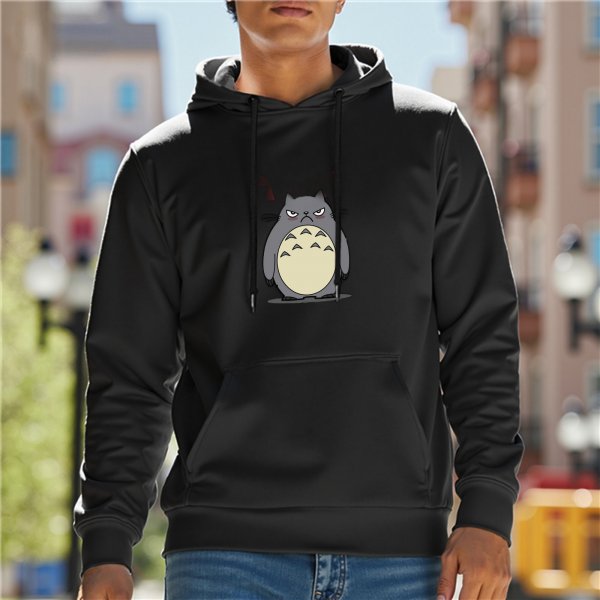 Black hoodie with grumpy Totoro graphic print