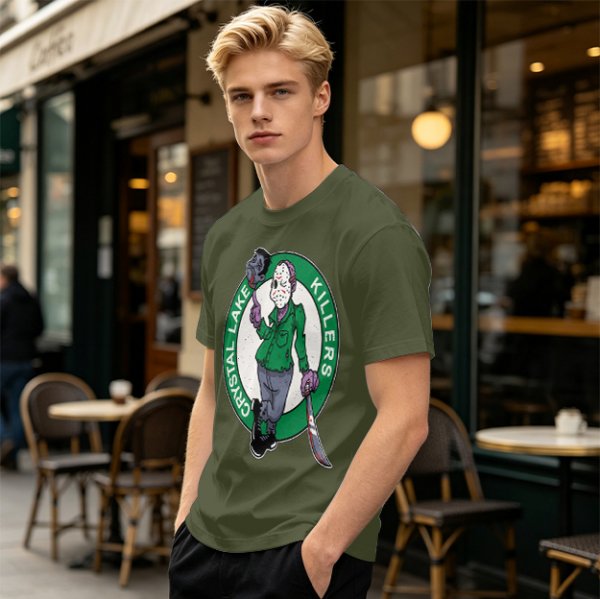 Army Green T-Shirt with Crystal Lake Killers Jason Voorhees Graphic