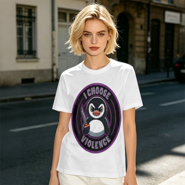 Olive t-shirt with angry penguin holding knife and I Choose Violence print