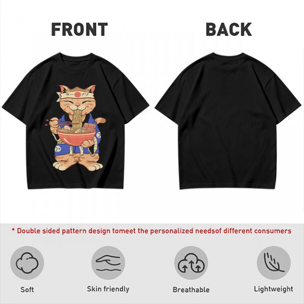 Olive T-Shirt Featuring a Cat in a Headband Eating Ramen