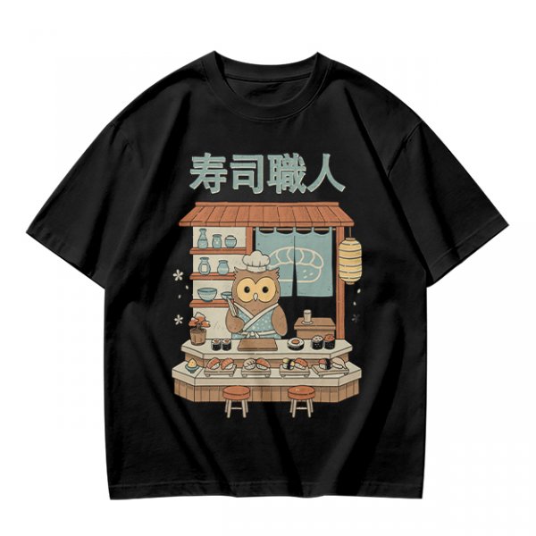 Owl sushi chef at Japanese sushi shop graphic t-shirt