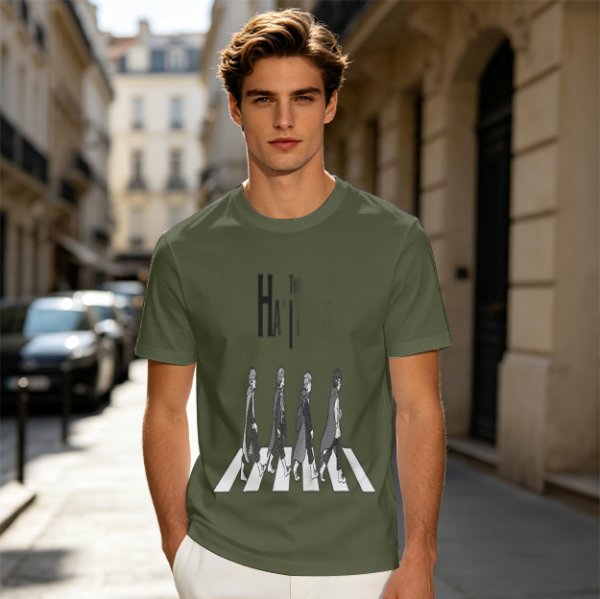 Olive T-Shirt With Anime Characters Crossing Crosswalk Print