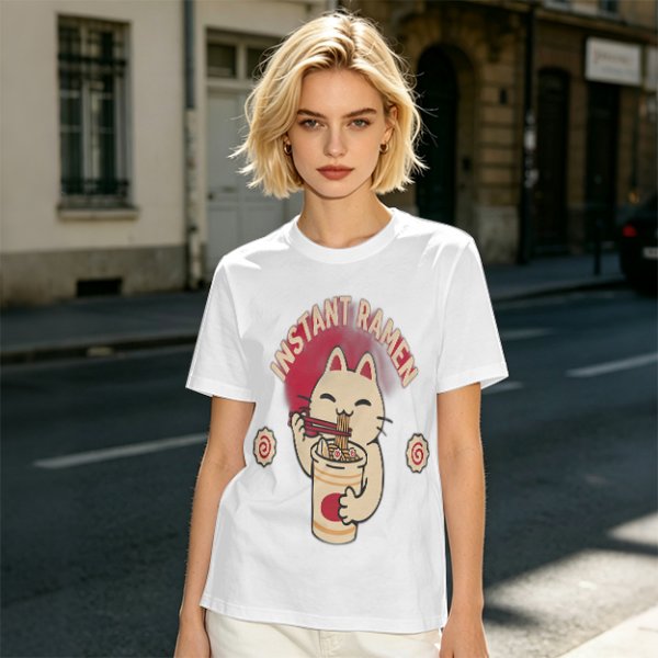 Olive green t-shirt with a cartoon cat eating instant ramen