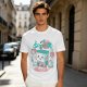 Olive t-shirt with a cartoon apple juice box skeleton graphic