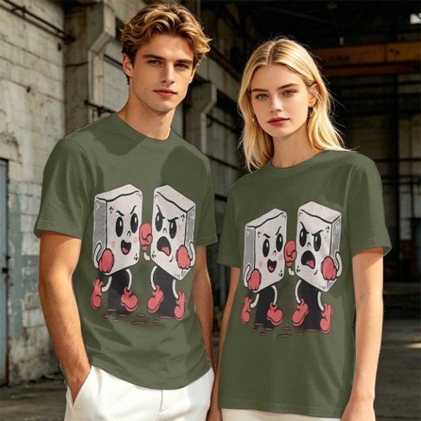Olive T-Shirt With Retro Cartoon Fighting Ice Cubes Graphic