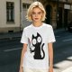 Olive T-shirt with a black cartoon cat holding a bloodied knife
