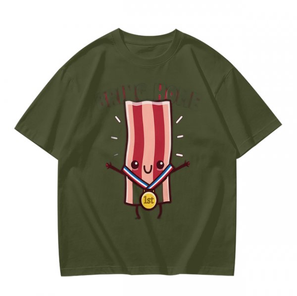 Olive T-Shirt With Cartoon Bacon Champion Medal Print