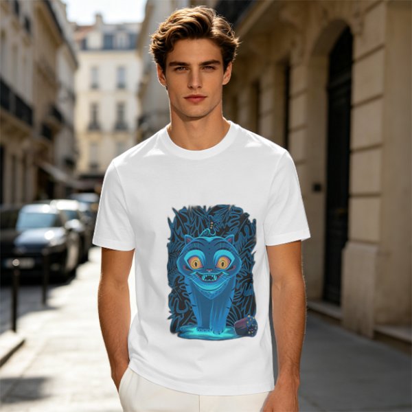 Olive T-shirt with Glowing Blue Cheshire Cat Graphic
