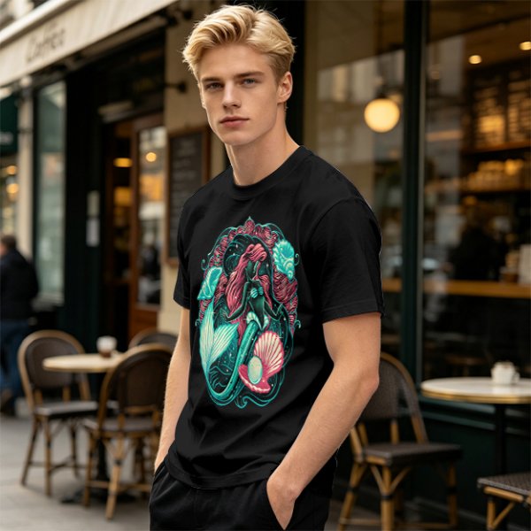Olive T-Shirt With Mermaid And Seashell Graphic Print