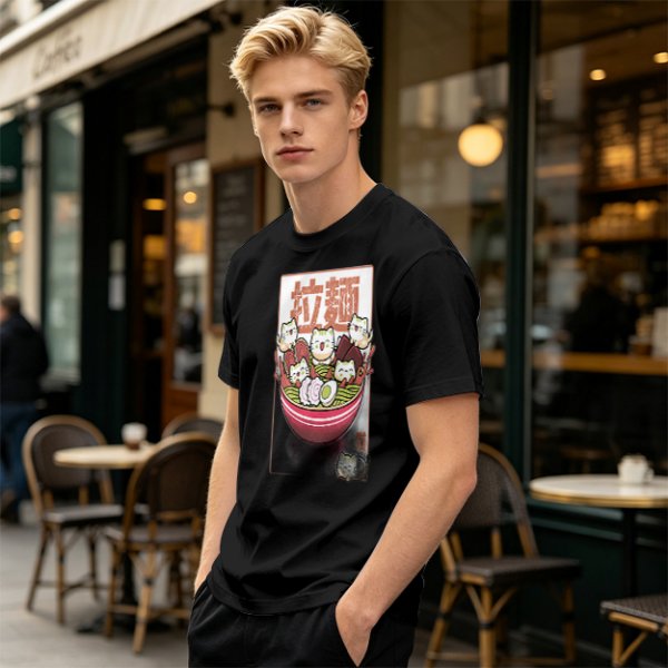 Olive T-Shirt With Cute Ramen Cat Bowl Graphic Print