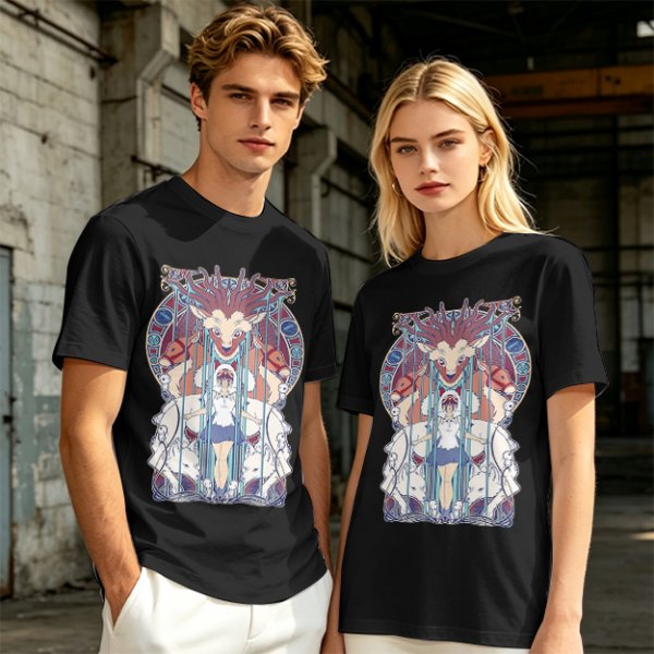 Olive green t-shirt with stained glass style forest spirit anime artwork