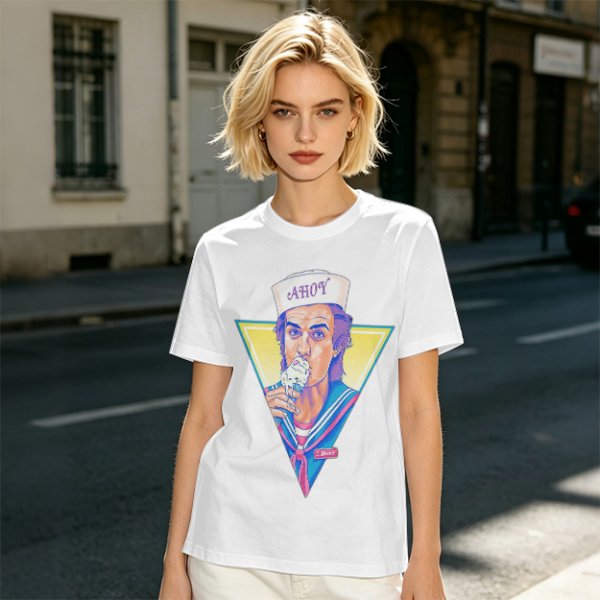 Olive T-Shirt with Steve Harrington Scoops Ahoy Ice Cream Graphic