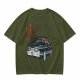 Olive Green Graphic T-Shirt with Classic Dark Car and Orange Text Print